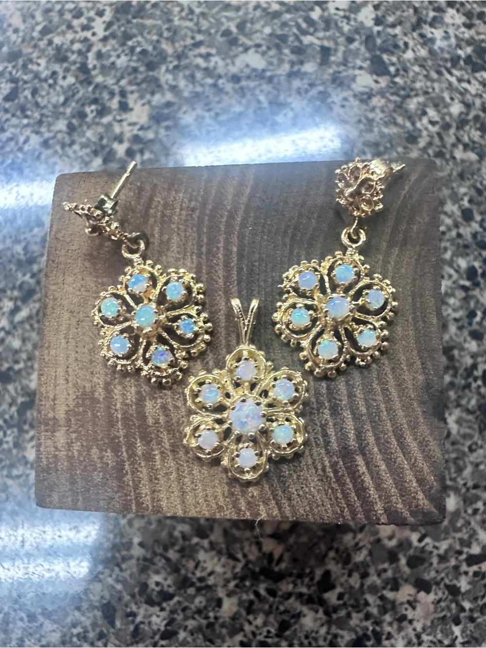 Gold Floral Opal Pendant and Earrings Set - White Opal